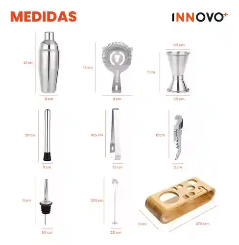 Bartender Coctelera Set Utensilios Bar Inoxidable 9 Piezas Bambú Premium Profesional