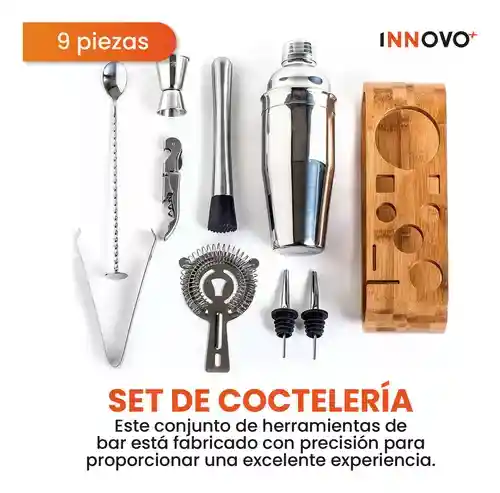Bartender Coctelera Set Utensilios Bar Inoxidable 9 Piezas Bambú Premium Profesional