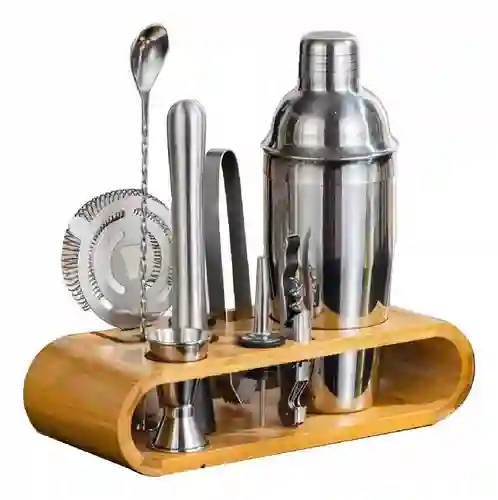 Bartender Coctelera Set Utensilios Bar Inoxidable 9 Piezas Bambú Premium Profesional