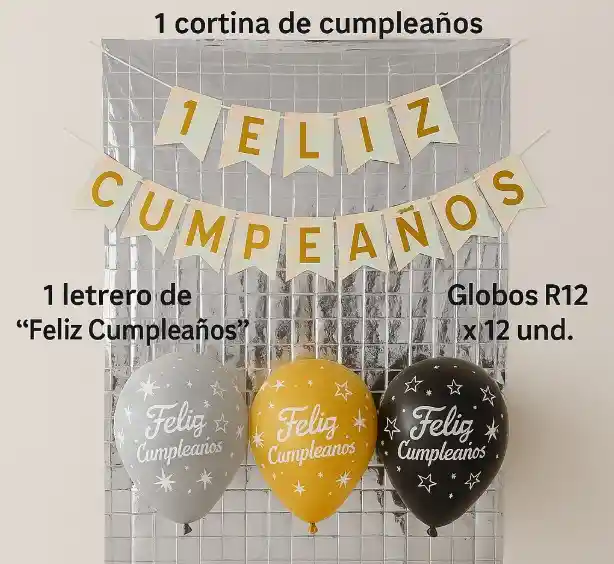 Globos De Cumpleaños R12 X 12 + Combo Cromados+ Crtina + Banderin