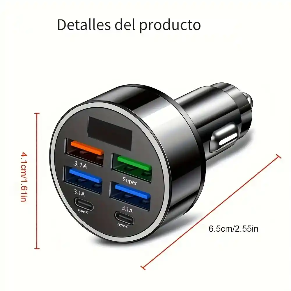 Cargador De Teléfono Para Carro 6-en-1 De Carga Rápida Puertos Usb-a Y Puertos Tipo C