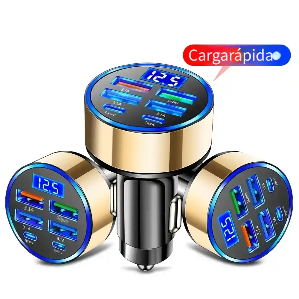 Cargador De Teléfono Para Carro 6-en-1 De Carga Rápida Puertos Usb-a Y Puertos Tipo C