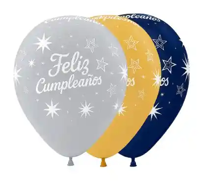 Globos De Feliz Cumpleaños (negro, Plateado, Azul) R12 X 12 Und Efecto Metalizado