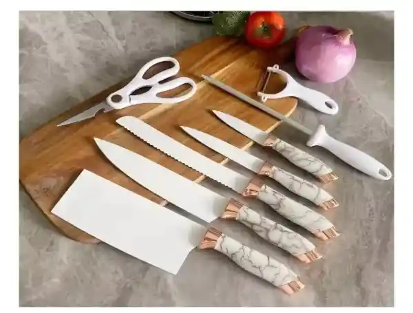 Juego Cuchillos Cocina 8 Piezas Acero Inoxidable Tipo Marmol