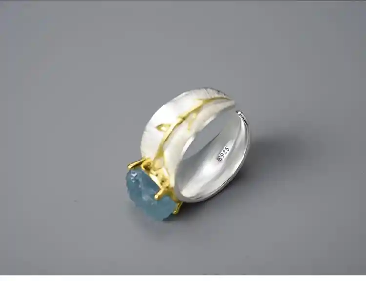 Anillo Ajustable Con Piedra Semipreciosas Aguamarina En Plata De Ley 925