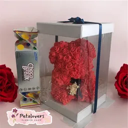 Flores Preservada Oso De Rosas Rojas + Chocobreak Grande