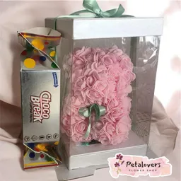 Flores Preservada Oso De Rosas Rosadas + Chocobreak Grande