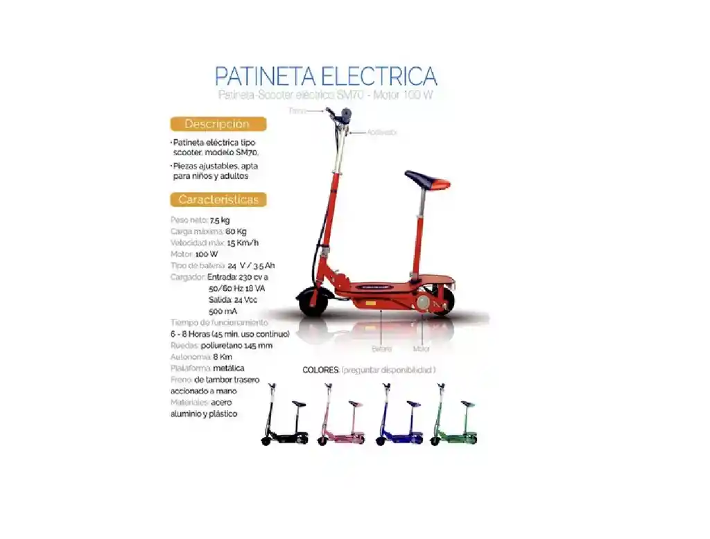 Patineta Scooter Eléctrica Monopatín Teksilver Silla Niños