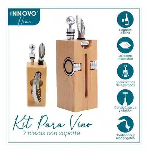 Kit Descorchador De Vino Sacacorchos 7 En 1 Metálico Madera Lujo Con Accesorios