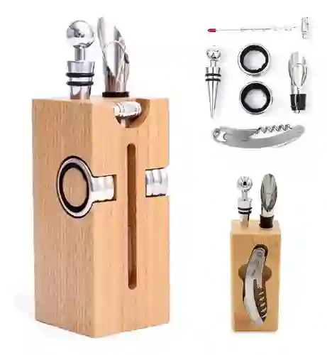 Kit Descorchador De Vino Sacacorchos 7 En 1 Metálico Madera Lujo Con Accesorios