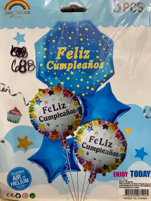 Jason Balloons Feliz Cumpleanos Paquete. 5 Piezas. Azul. Helio O Aire.