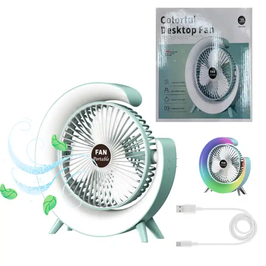 Ventilador Recargable Luz Led Rgb Giratorio 180° 4 Niveles