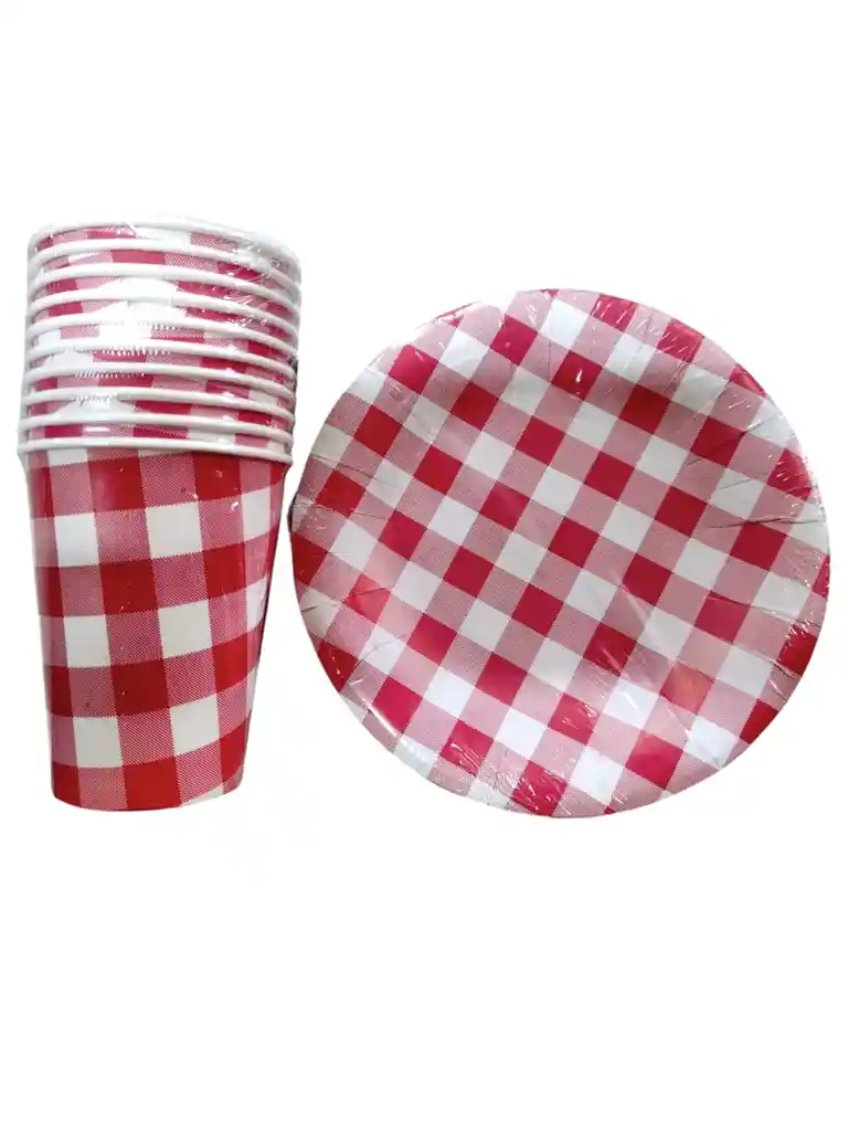 Vasos Y Platos Desechables Picnic Rojos Cuadros Decoracion Fiesta