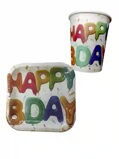 10 Platos 10 Vasos Fiesta Happy Bday Cumpleaños Decoracion