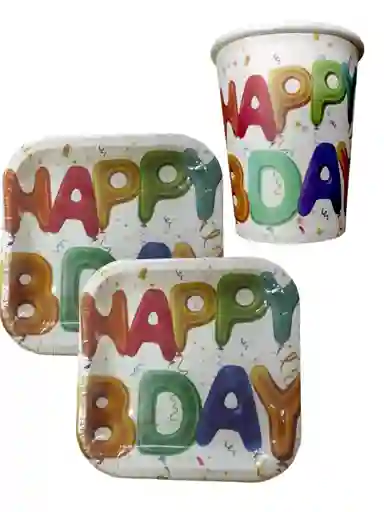 10 Platos 10 Vasos Fiesta Happy Bday Cumpleaños Decoracion