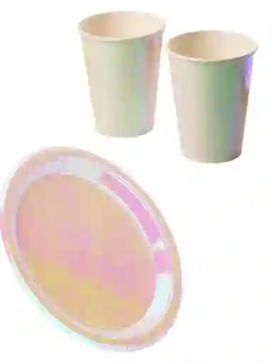 10 Platos 10 Vasos Fiesta Tornasol Iridiscente Cumpleaños