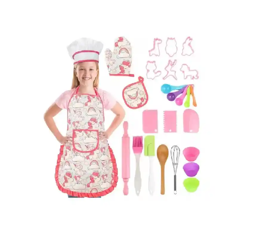 Juego Pasteleria Reposteria Niños Delantal Gorro Chef 26 Pcs