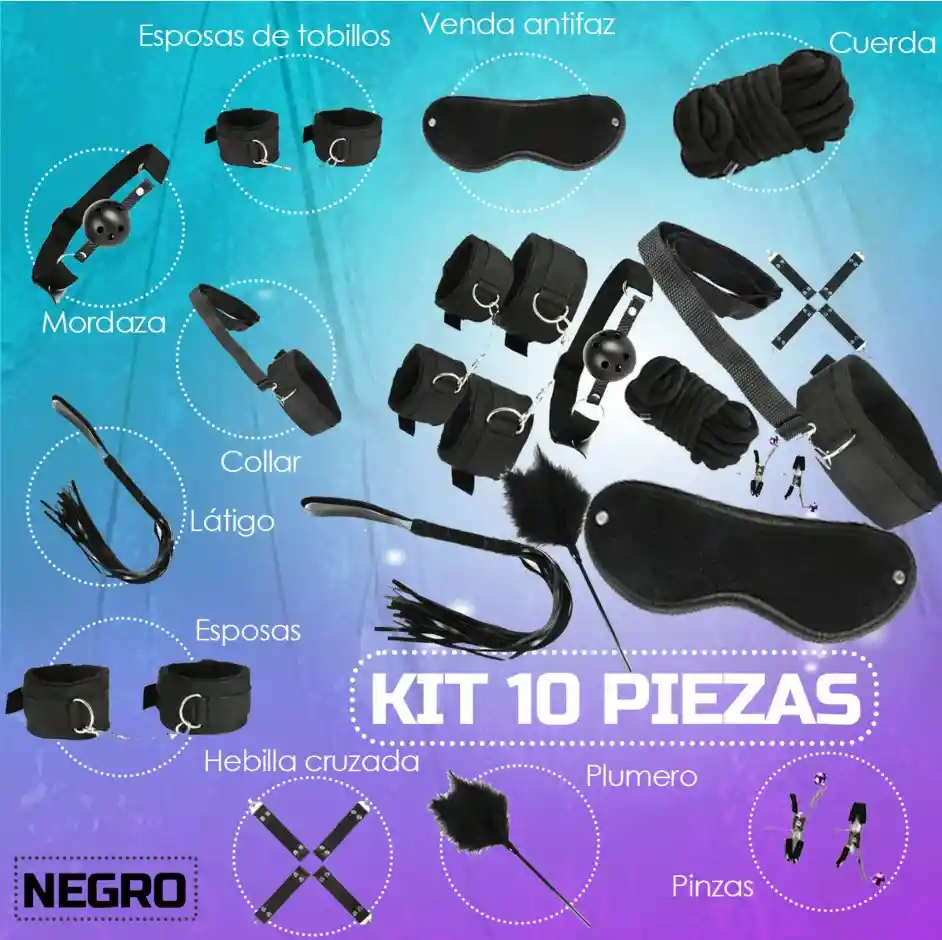 Kit Amarre X 10 Piezas, Kit Bondage. Color: Negro, Kit Bdsm