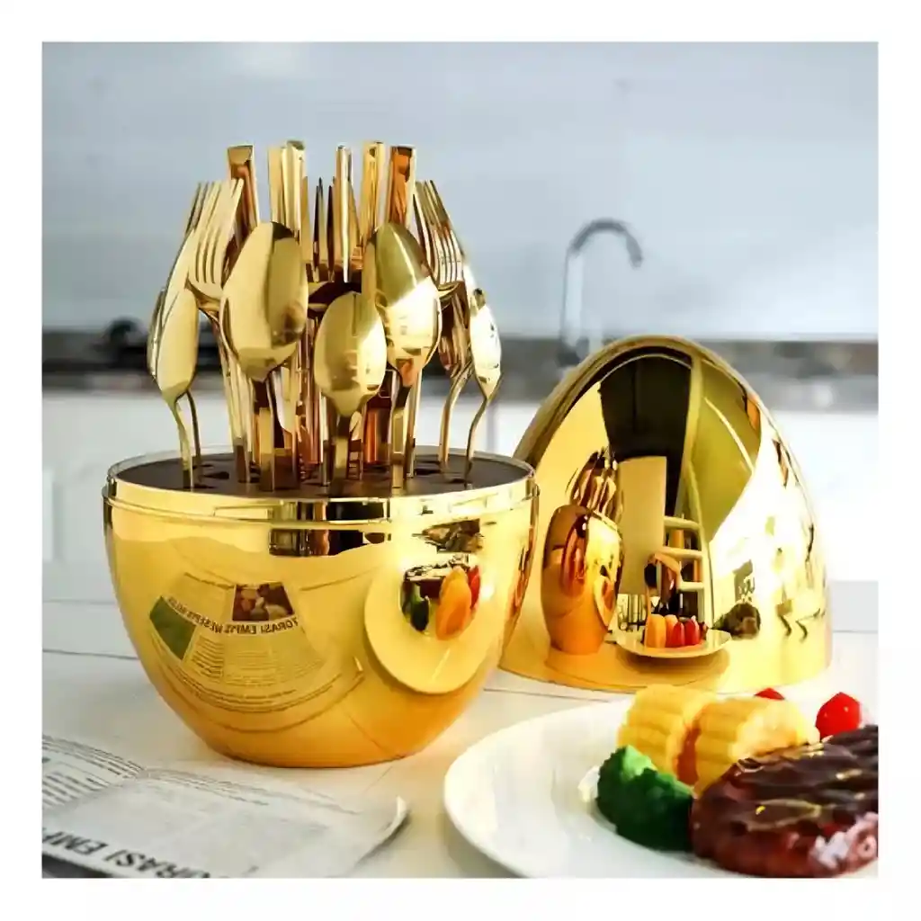 Kit De Cubiertos Con Estuche - Elegancia En Huevo Dorado