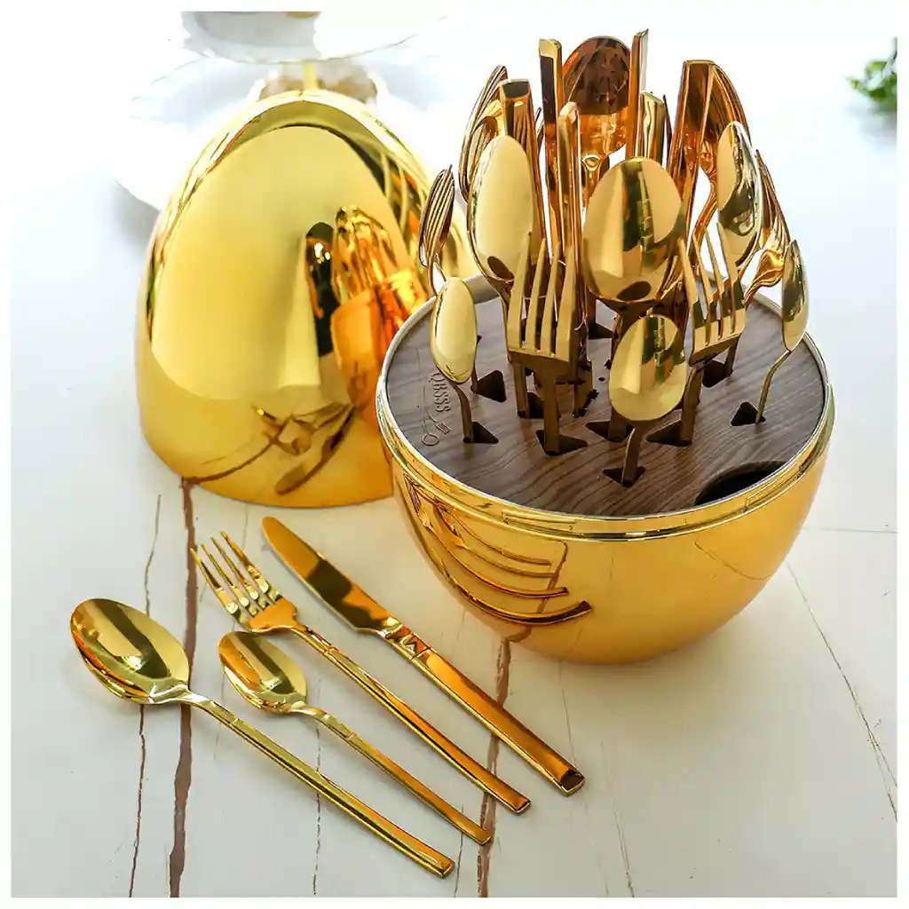 Kit De Cubiertos Con Estuche - Elegancia En Huevo Dorado