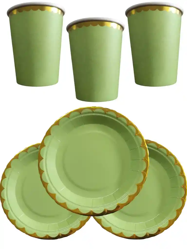 10 Platos Y Vasos Verde Con Dorado Baby Shower Cumpleaños Fiestas