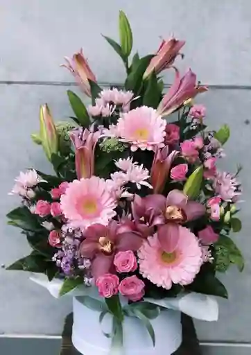 Caja Redonda De Mix De Flores Rosadas