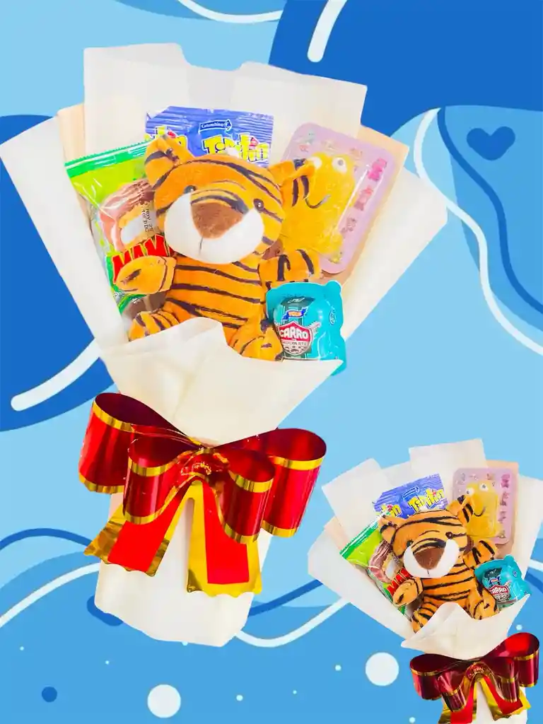 Regalo Especial Dia Del Niño Ramo De Dulces Y Peluche Llavero De Tigre O Mono - Dia Del Niño - Feliz Dia - Feliz Cumpleaños