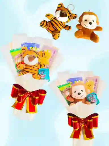 Regalo Especial Dia Del Niño Ramo De Dulces Y Peluche Llavero De Tigre O Mono - Dia Del Niño - Feliz Dia - Feliz Cumpleaños