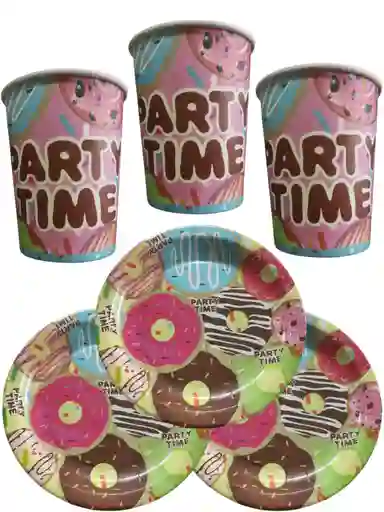 10 Platos Y Vasos Donas Dulce Fiesta Decoracion