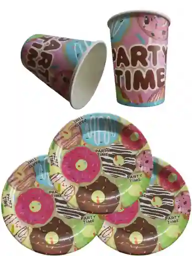 10 Platos Y Vasos Donas Dulce Fiesta Decoracion