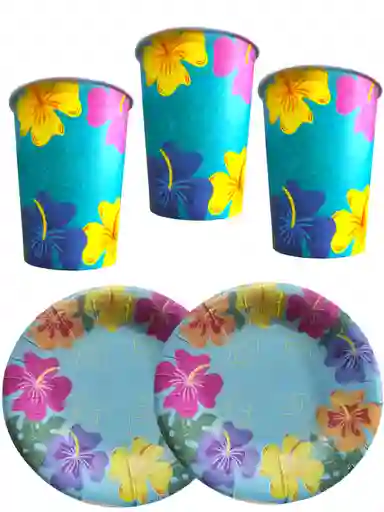 10 Platos Y Vasos Fiesta Hawaiana Aloha Tropical Decoracion