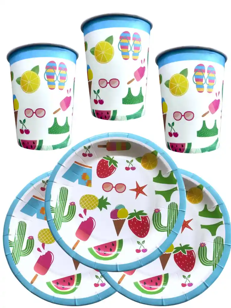 10 Platos Y Vasos Desechables Fiesta Tropical Aloha
