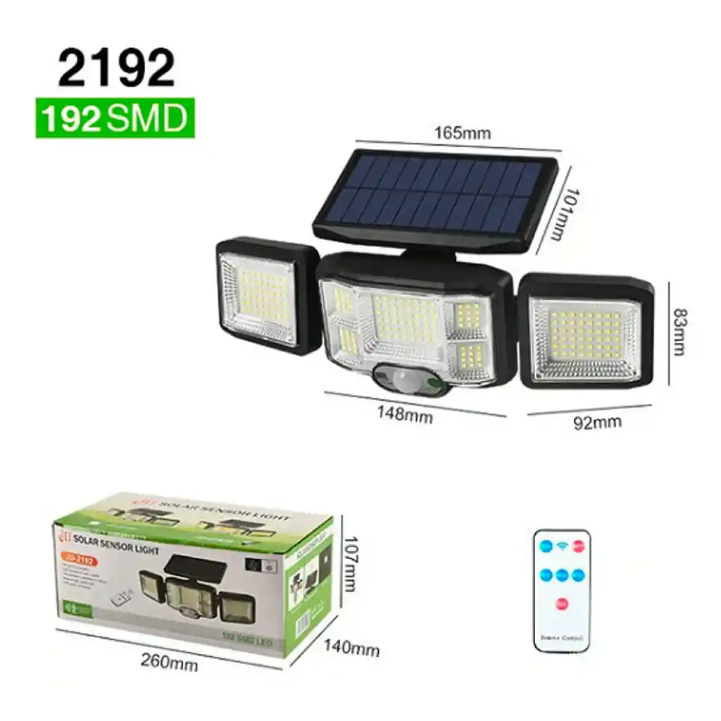 Luz Solar Exterior 3 Focos 192 Led + Control – Alta Potencia Y Ángulo Ajustable