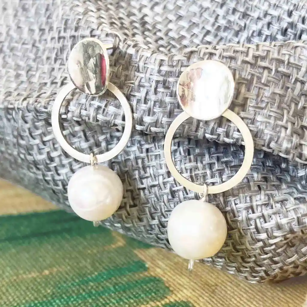 Aretes Disco Y Argolla De Plata Con Perla