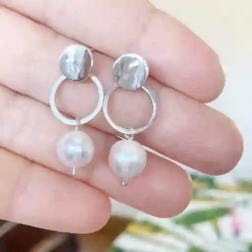 Aretes Disco Y Argolla De Plata Con Perla