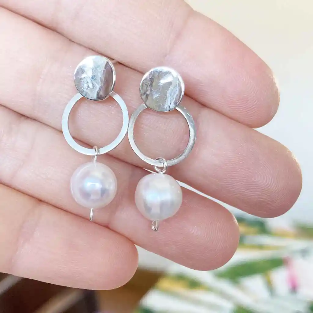 Aretes Disco Y Argolla De Plata Con Perla