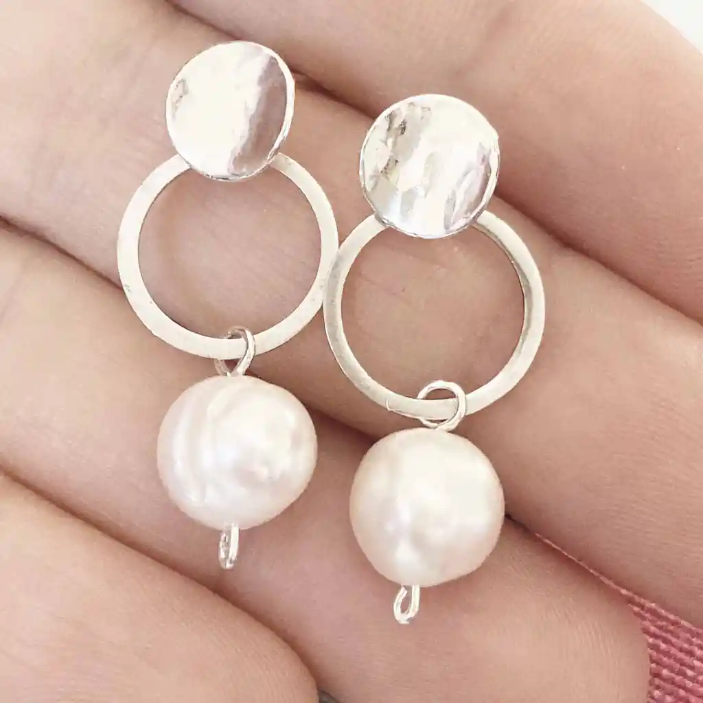 Aretes Disco Y Argolla De Plata Con Perla