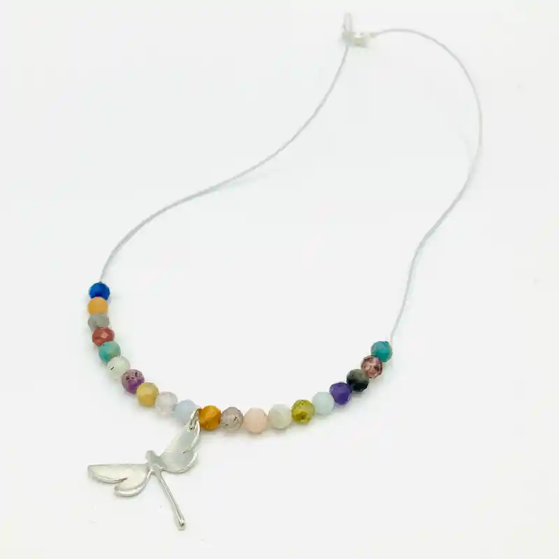 Collar Libélula De Plata Y Piedras Naturales
