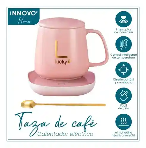 Taza Mug Pocillo Cerámico Base Electrica Calentadora Bebidas Cuchara Innovo Home Rosa