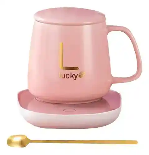Taza Mug Pocillo Cerámico Base Electrica Calentadora Bebidas Cuchara Innovo Home Rosa