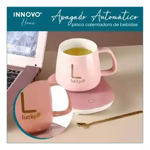 Taza Mug Pocillo Cerámico Base Electrica Calentadora Bebidas Cuchara Innovo Home Rosa