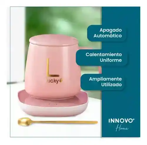 Taza Mug Pocillo Cerámico Base Electrica Calentadora Bebidas Cuchara Innovo Home Rosa