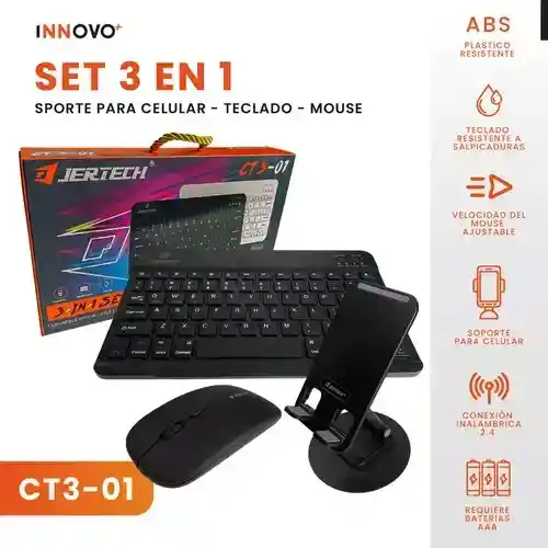 Teclado Inalambrico 3 En 1 Jertech Inn Receptor Usb Mouse Soporte Tablet O Celular Portatil
