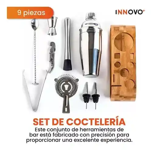 Bartender Coctelera Set Utensilios Bar Inoxidable 9 Piezas Bambú Premium Profesional