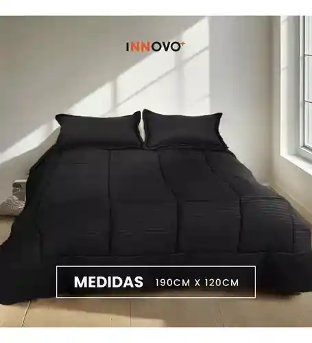 Edredon Cubrelecho Premium Negro Cama Doble Fundas Almohadas Innovo