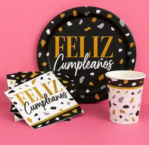 Set - Kit Platos, Servilletas Vasos Feliz Cumpleaños Color Negro X8 Unidades