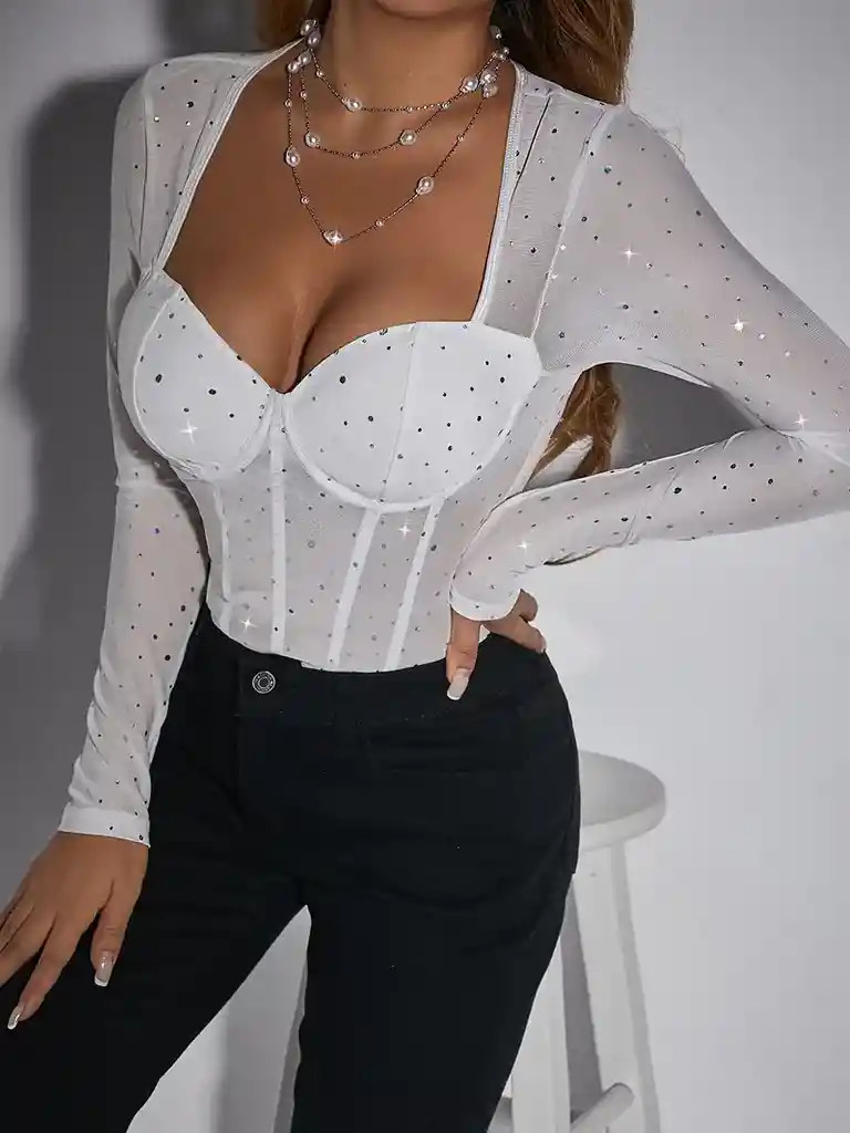 Body Con Escote V Imitación De Brillantes