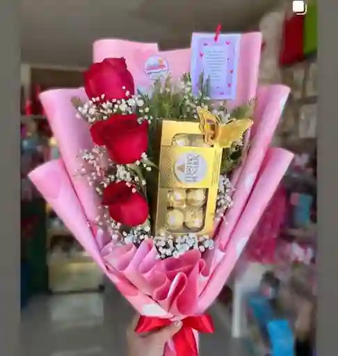 Ramo De Flores Con Rosas Y Chocolates (arreglo Floral - Regalo - Feliz Cumpleaños- Rosas )