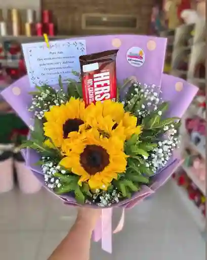 Ramo De Girasoles Y Chocolates (arreglo Floral - Regalo Para Mujer-bouquet De Flores - Feliz Cumpleaños)