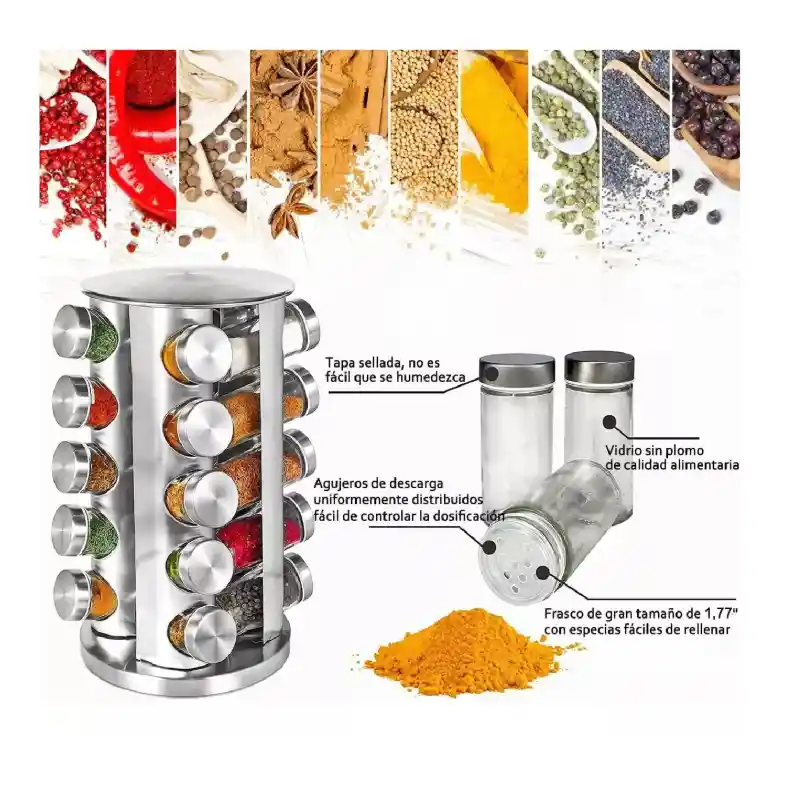 Condimentero Giratorio Cocina 20 Frascos Color Plateado